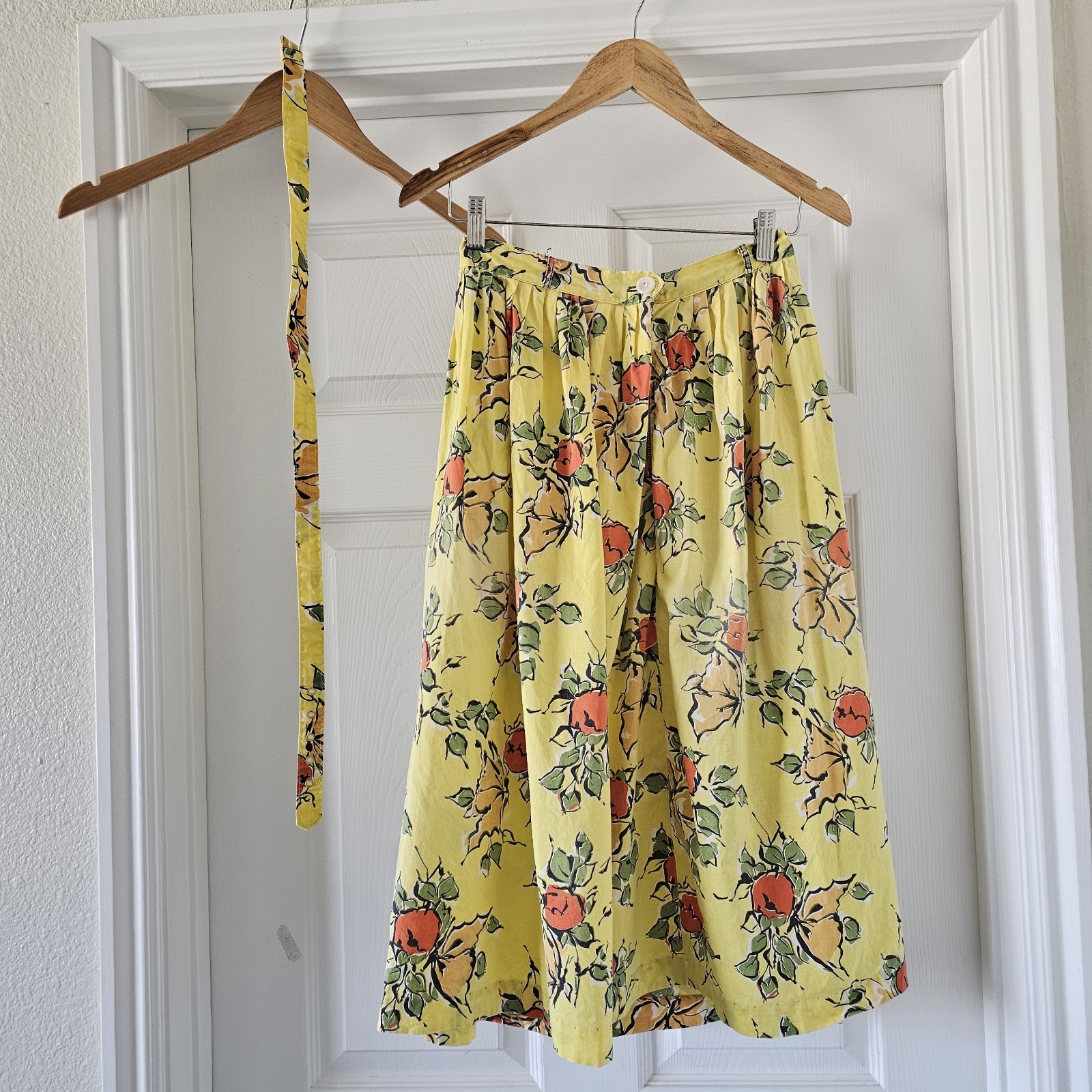 1950s Vintage Novelty Floral Yellow Midi High Waist Cotton Skirt Belt Set #66