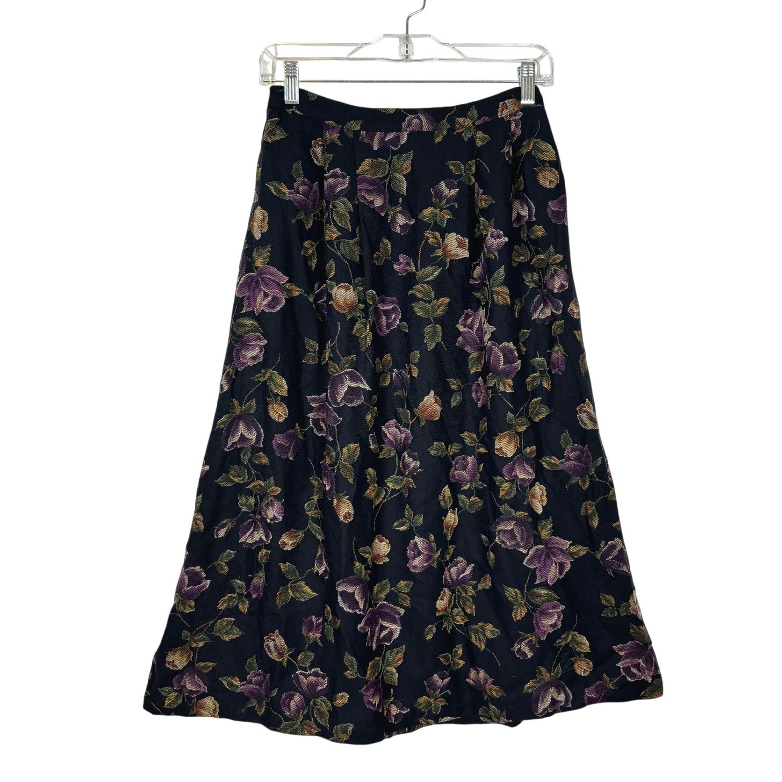 Vintage Floral Midi Skirt Women Medium Petite Black Dark Academia Cottagecore