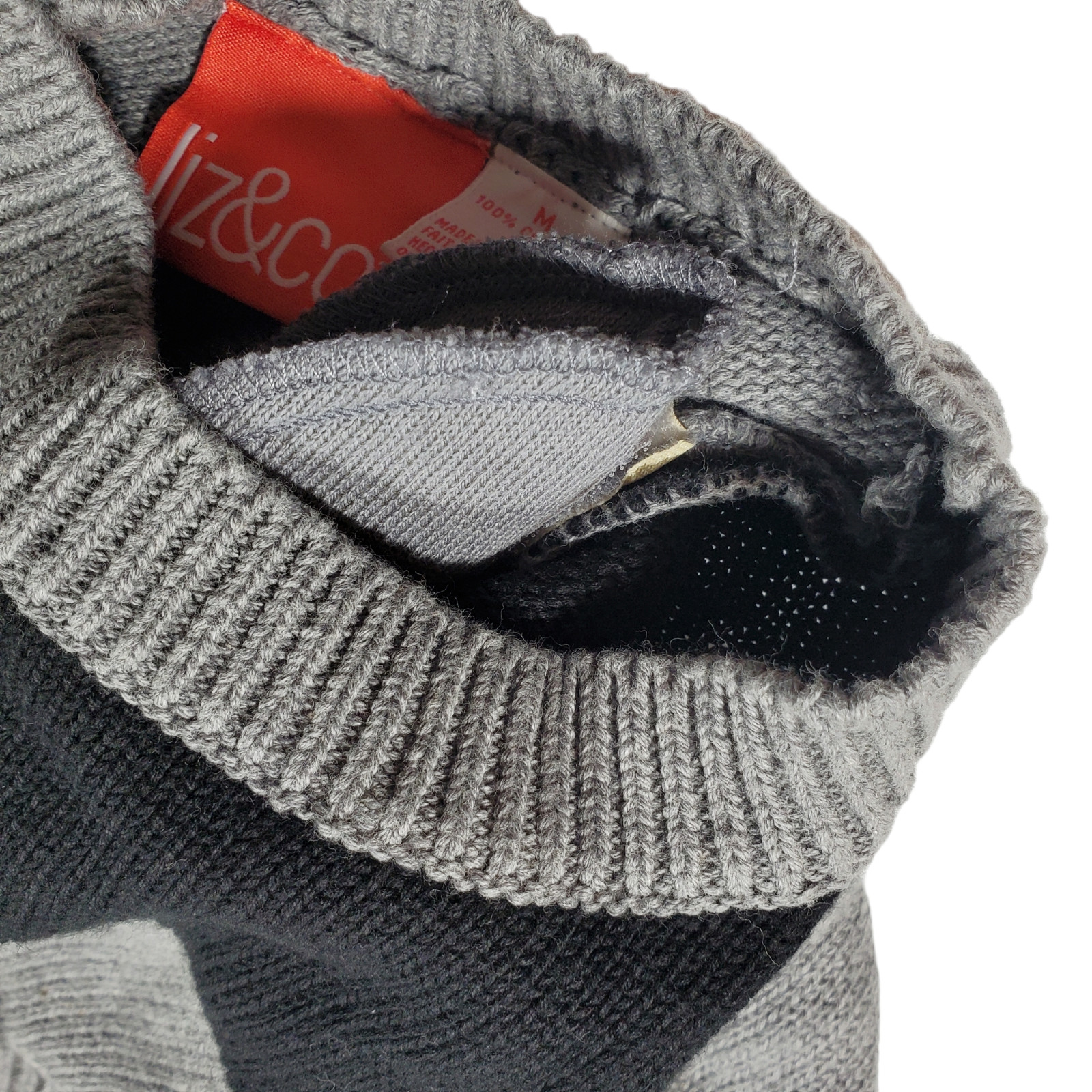 VTG 80s Liz & Co Geometric Colorblock Knit Sweater Womens M Grey Black Checkers