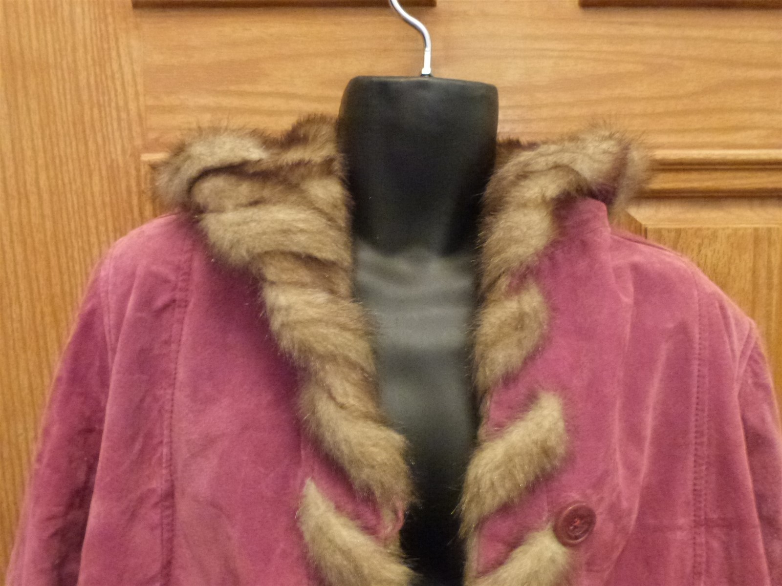 Dennis Basso suede coat vintage 1990s faux fur red Burgundy Maroon wine hood W L