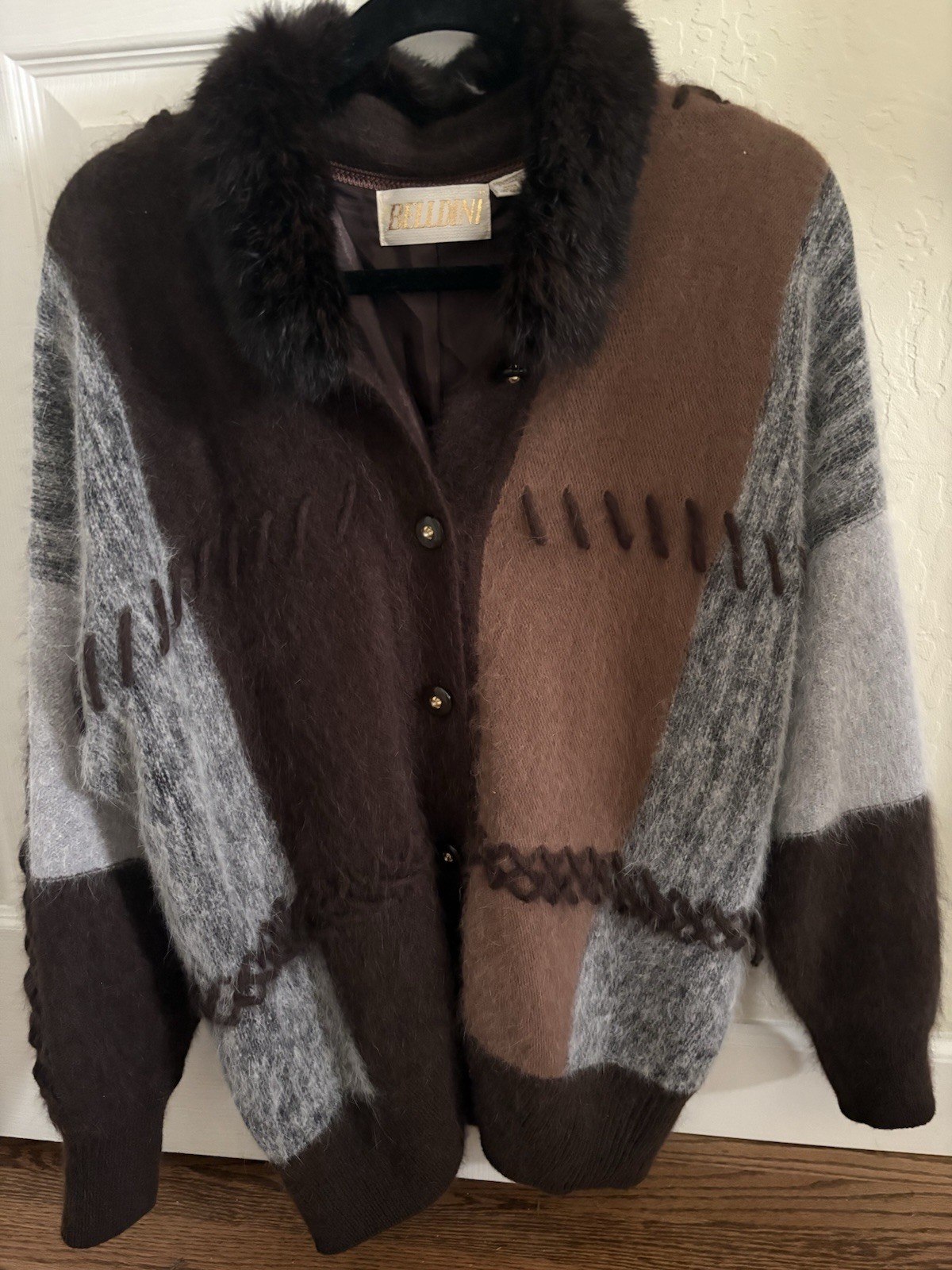 Vintage 1980s Belldini Angora Mohair Knit Jacket W/ Genuine Rabbit Fur Collar M