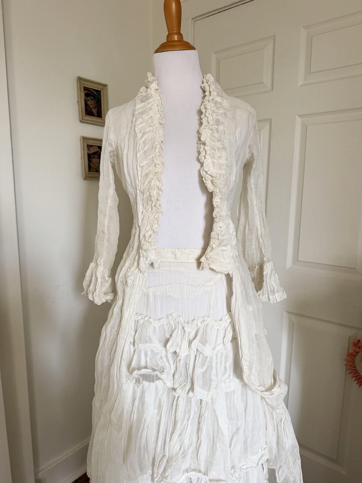 Antique 1880s Victorian White Bustle Ensemble with Jacket Bodice & Ruffle Skirt