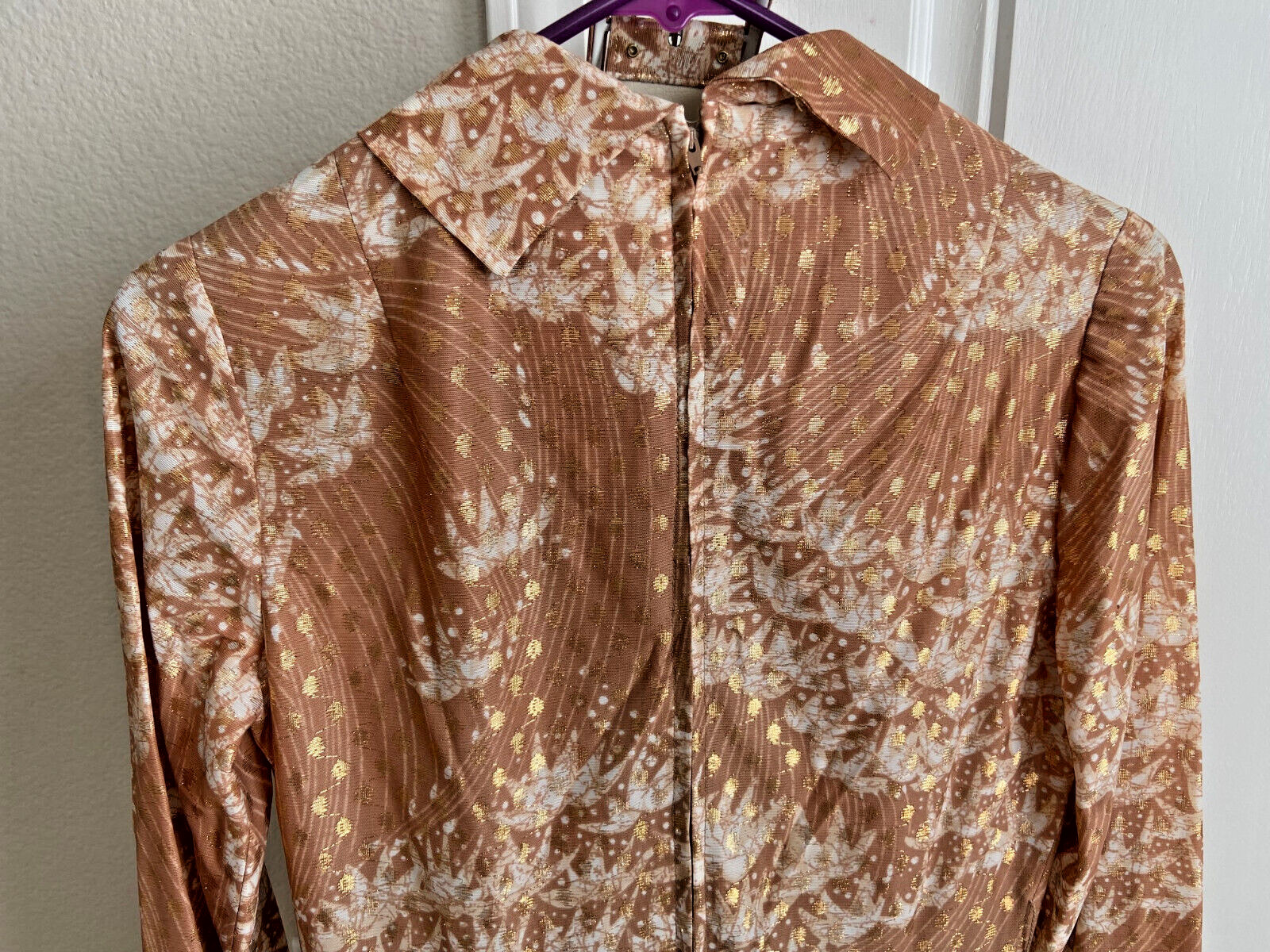 Vintage Nancy Greer Dress Gold Metallic Abstract Print Neck Tie Box Pleats SZ 8