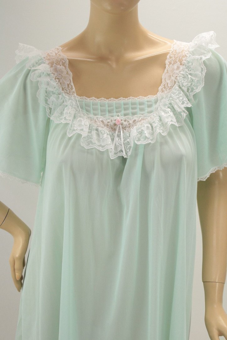 Vintage Carriage Court Nightgown XS S M L Green Nylon Ruffle Lace USA