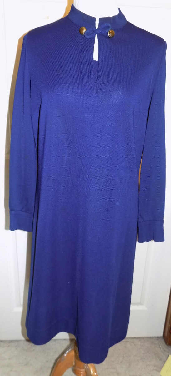 Vintage Blue Knit Long Sleeved Dress Dacron Kimberly B40