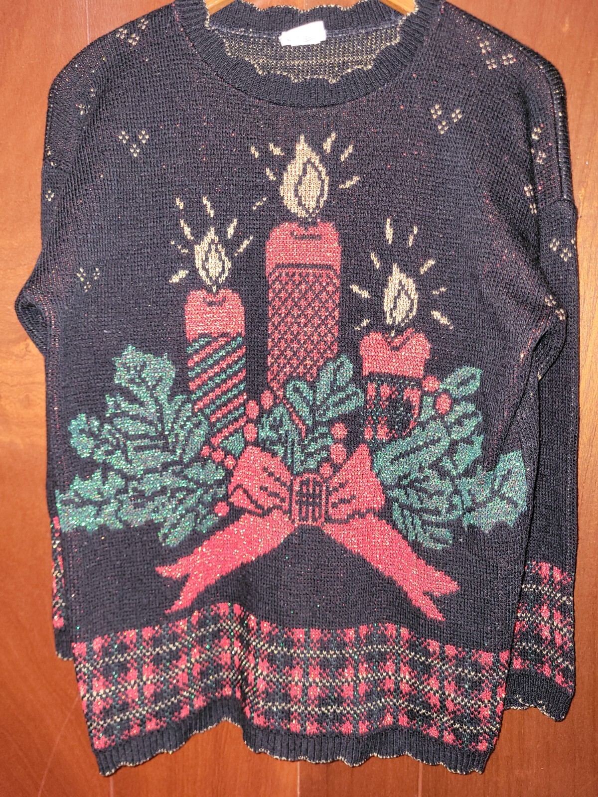 Vintage Holiday Time Christmas Sweater With Candles & Metallic Detail~Small