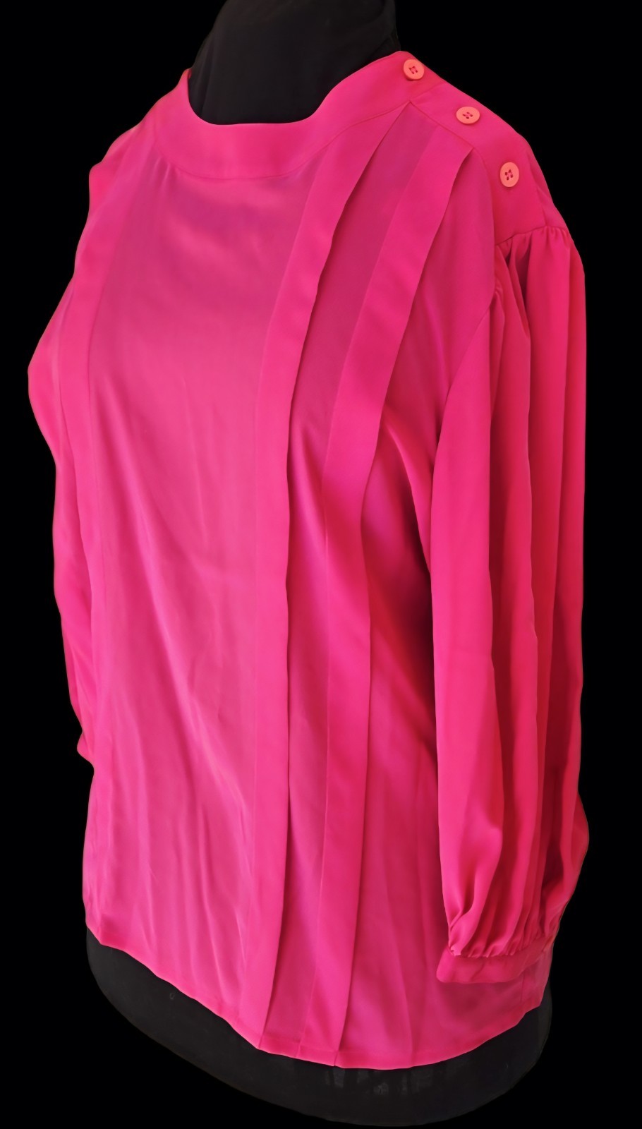1980s CHAUS SPORT Fuchsia Front Pleated Poly Blouse w/Shoulder Button Closure 14