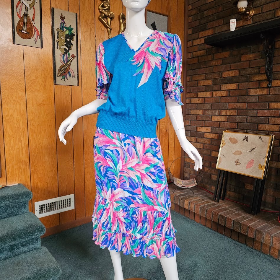 Vtg 80s Palm Beach Socialite Maximalist Tropical 3pc Plisse Sweater Skirt Set M