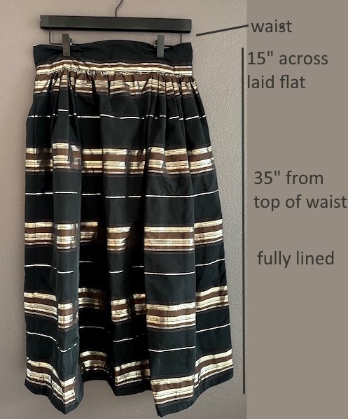 Dramatic black taffeta skirt with gold and silver circa early 70″s