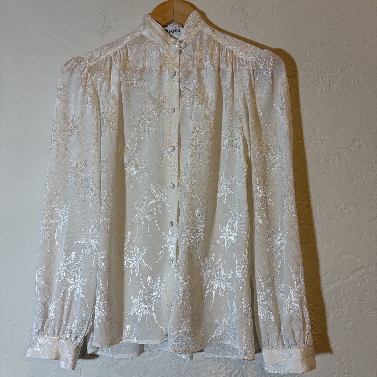 Vintage Lloyd Williams Ivory Satin Floral Blouse High Neck Romantic Size 4