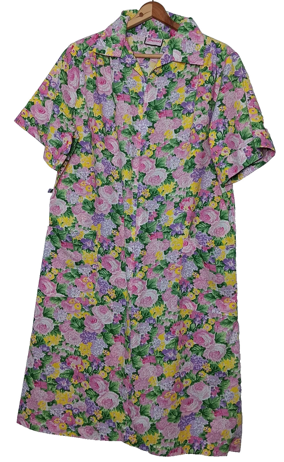 Vintage Granada L Nightgown Zip Flower Garden Pink Yellow Purple Short Slv Zip