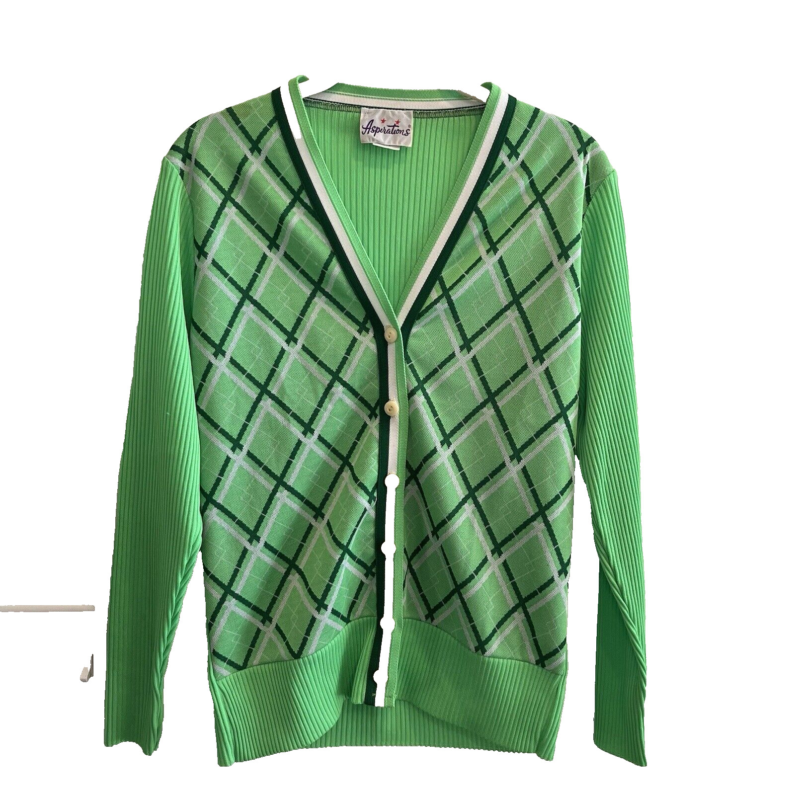 Vtg 60s 70s Green Argyle Cardigan Knit Check 5-6 Women’s Aspirations Preppy Flaw