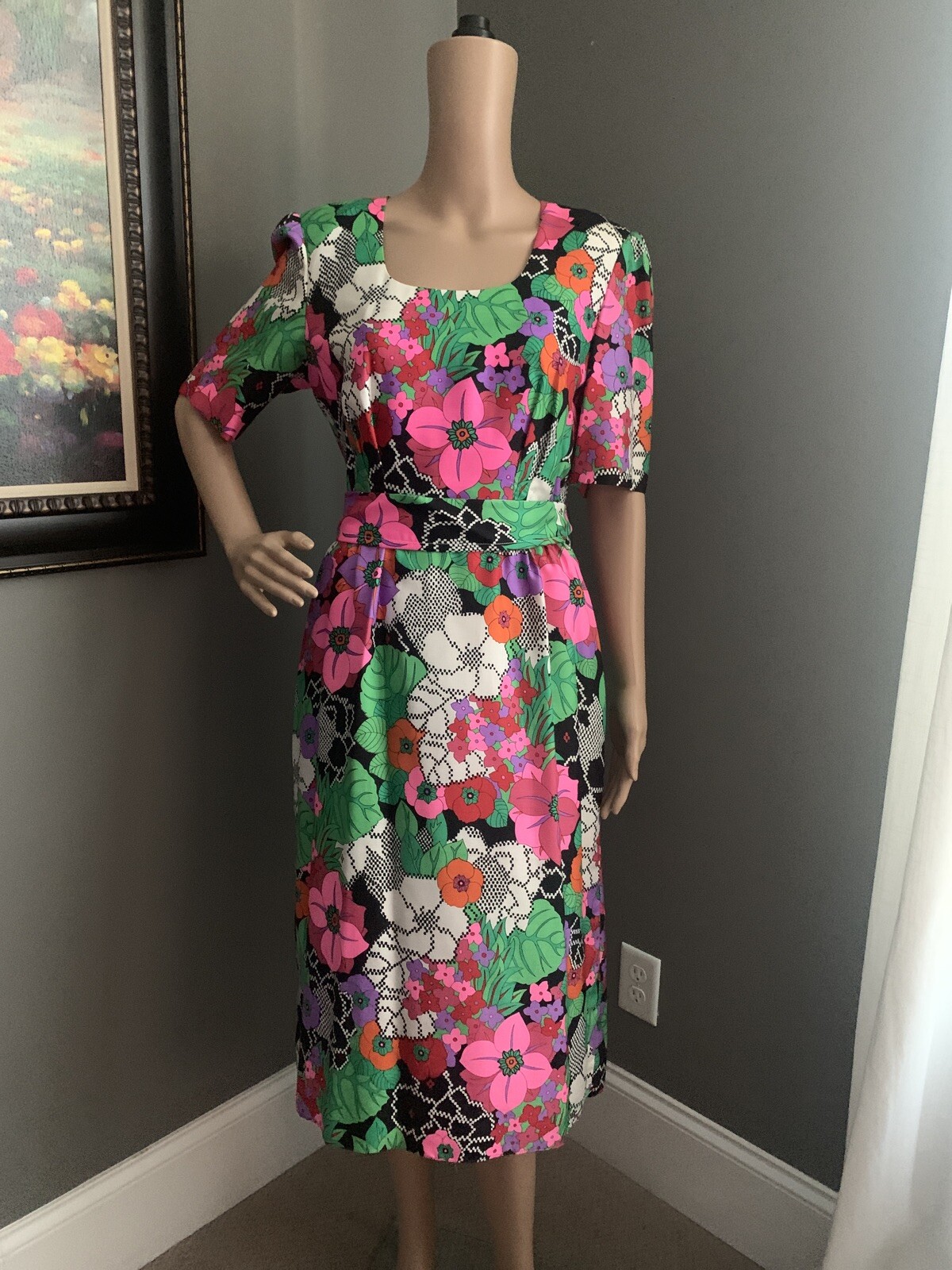 Rare Vintage 1970’s Posh by Jay Anderson Bright Mod Print Sheath Dress Size 8