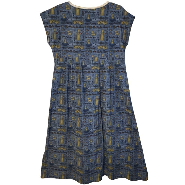 VTG Handmade Cats Coffee Print House Farm Dress Womens L CHARMING Fabric Retro