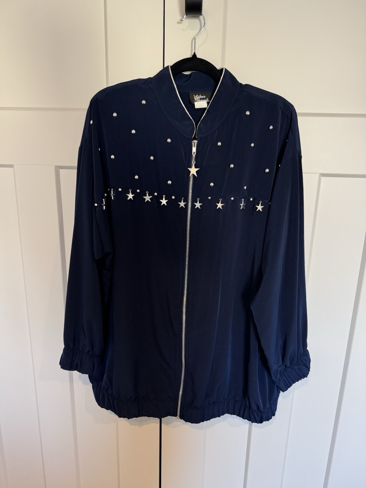 Silver Threads Navy Blue Jacket Size XL Vintage 90s Silver Stars Zip Retro