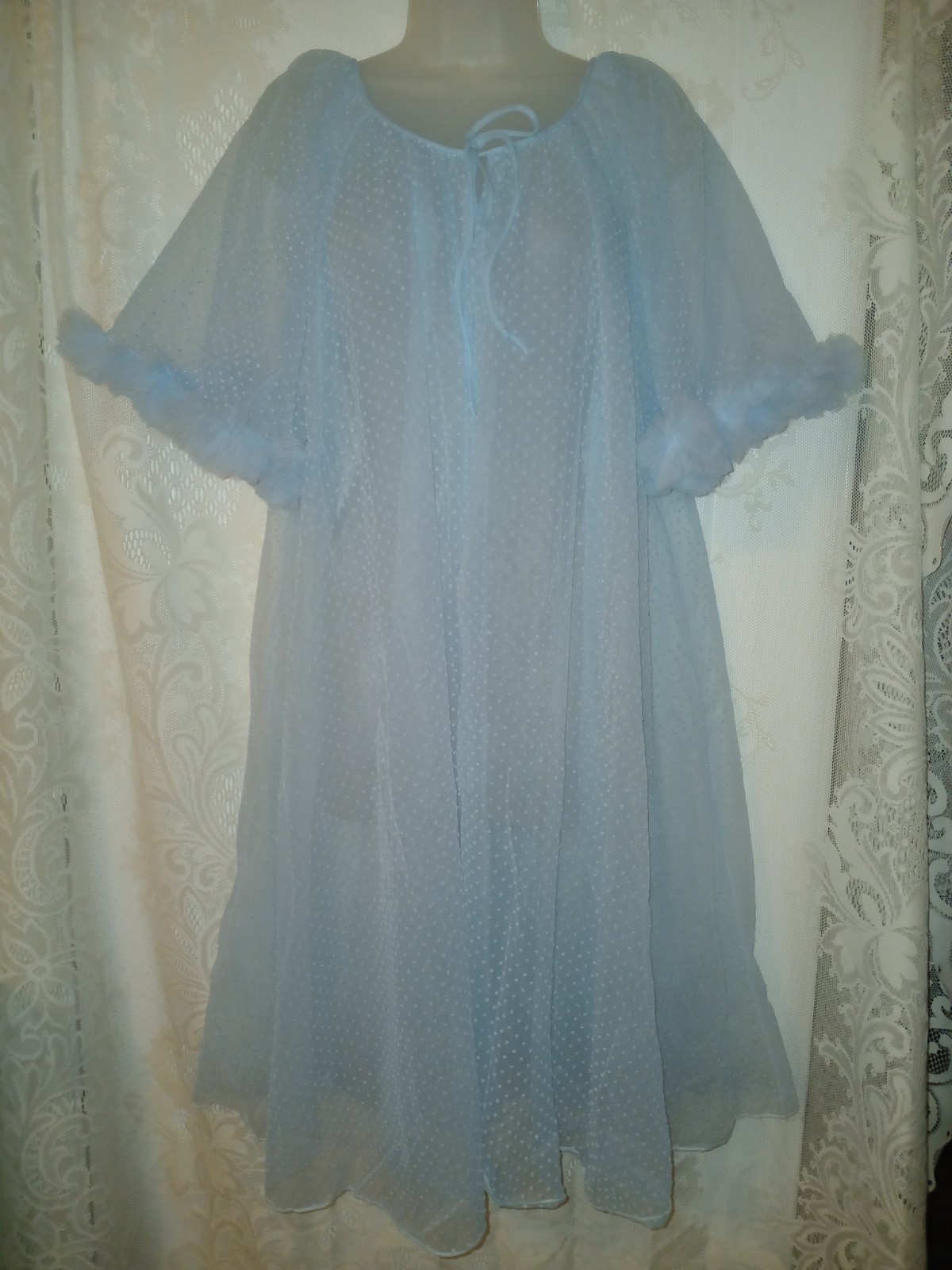 Vintage 50s Lisette Blue Flocked Swiss Dot Sheer Nylon Ruffled Peignoir Robe EUC