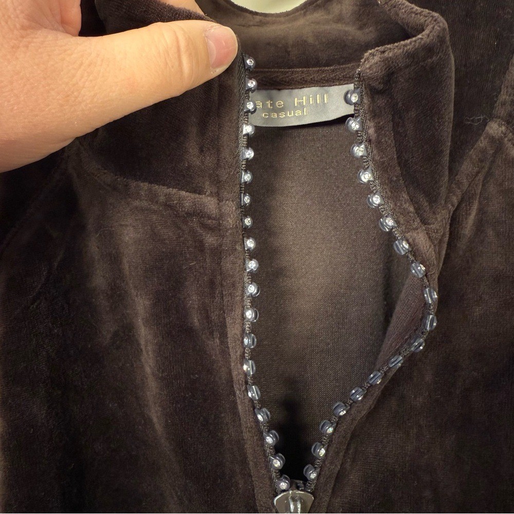 Vintage Kate Hill Brown Velour Jacket with Rhinestone Zipper Size XL