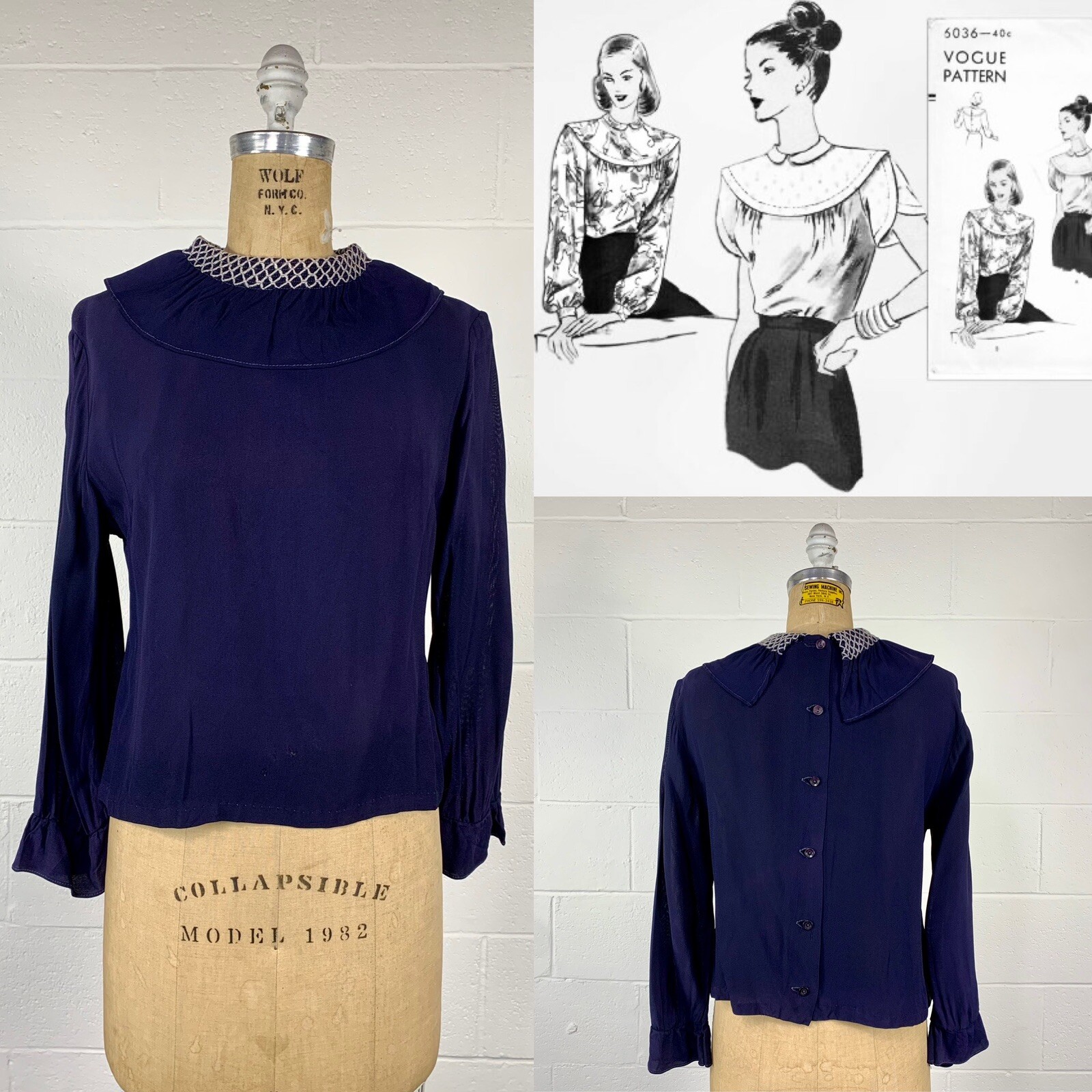 Vintage 40s Blue Crepe Back Button Blouse Smocked Collar AS IS Pattern Study S/M