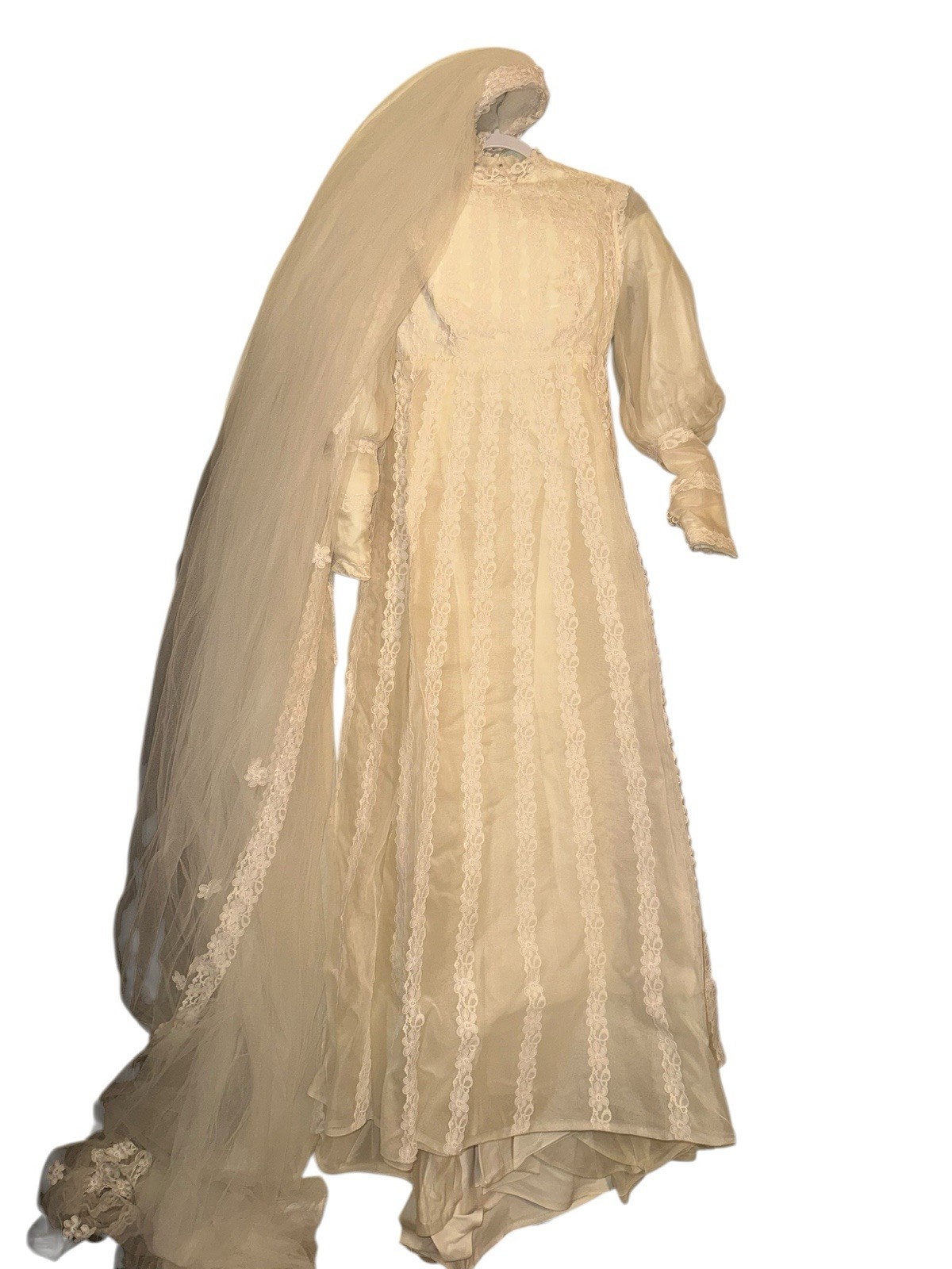 Vintage 70s Bridal Originals Ivory Lace Wedding Dress Puff Sleeve High Neck Boho