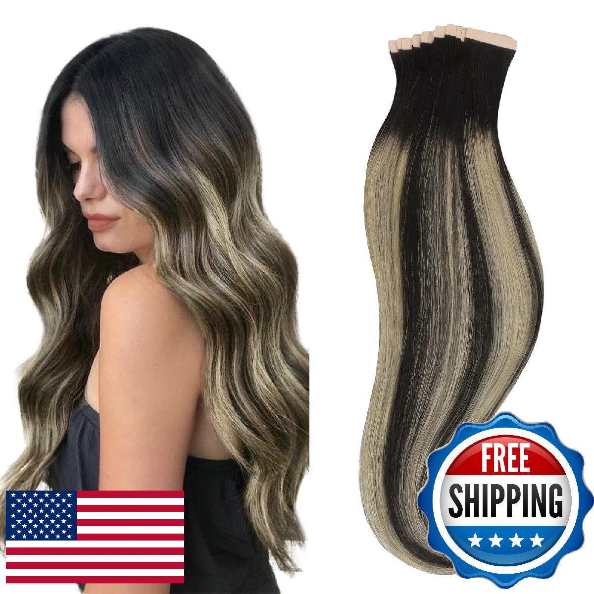 HOTBANANA Tape-In Hair Extensions 12in 20pcs 40g Natural Black Light Blonde Stra