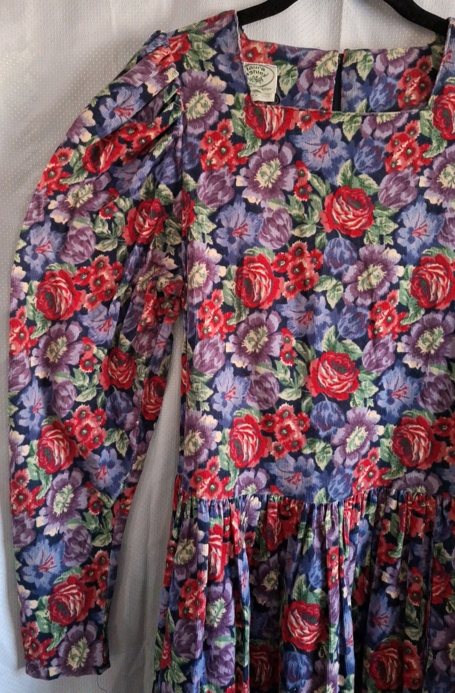VTG 1990s Laura Ashley Blue Red Purple Floral Puff Sleeve Corduroy Dress 10