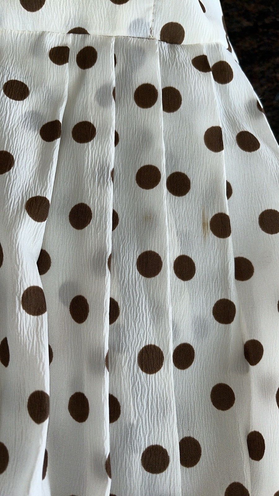 Vtg Alden’s Fashions MCM 70s Dress W/Pleated Skirt~Cream W/Brown Polka Dots~READ