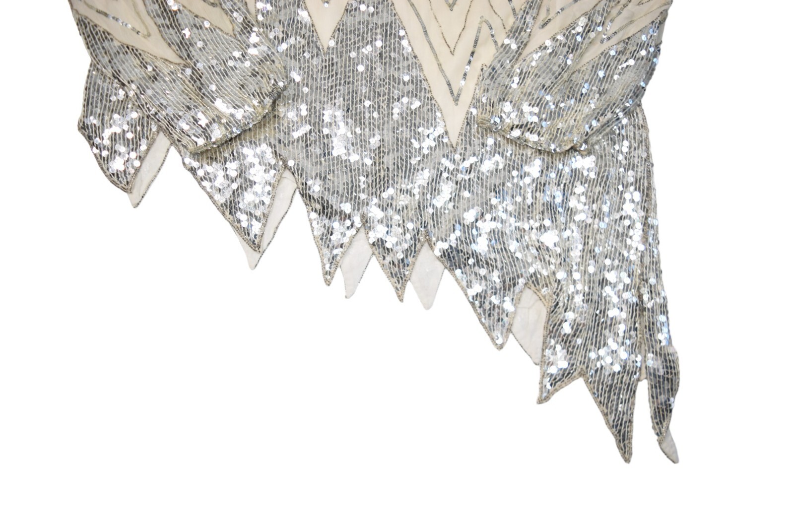 Vintage Sequin Top Womens XL Silk Silver Dance Disco Asymmetric Zig Zag Club