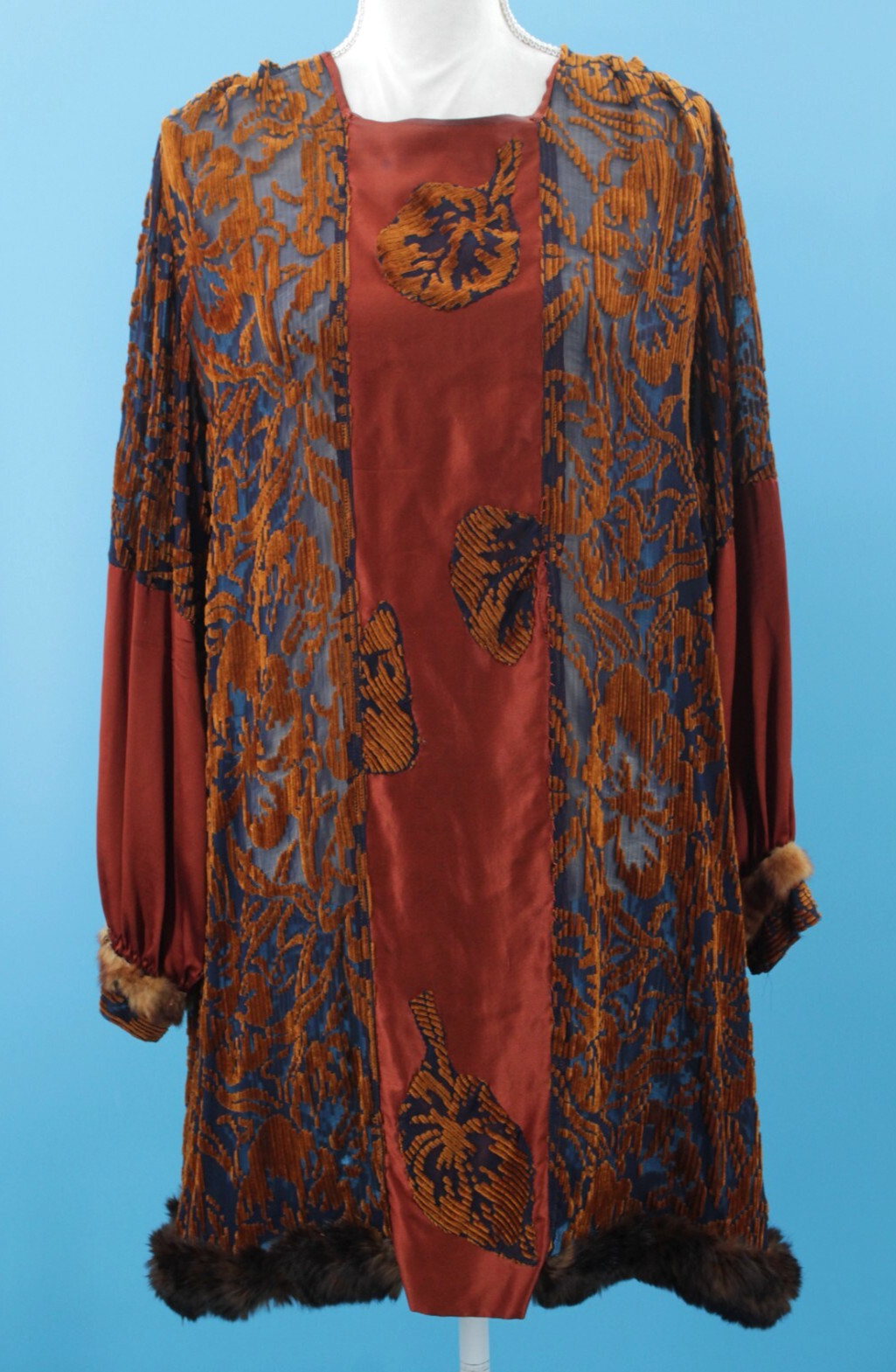 VTG Women’s 20s Brown Silk & Velvet Burnout Shift Dress W/ Fur Trim S/M 1920s