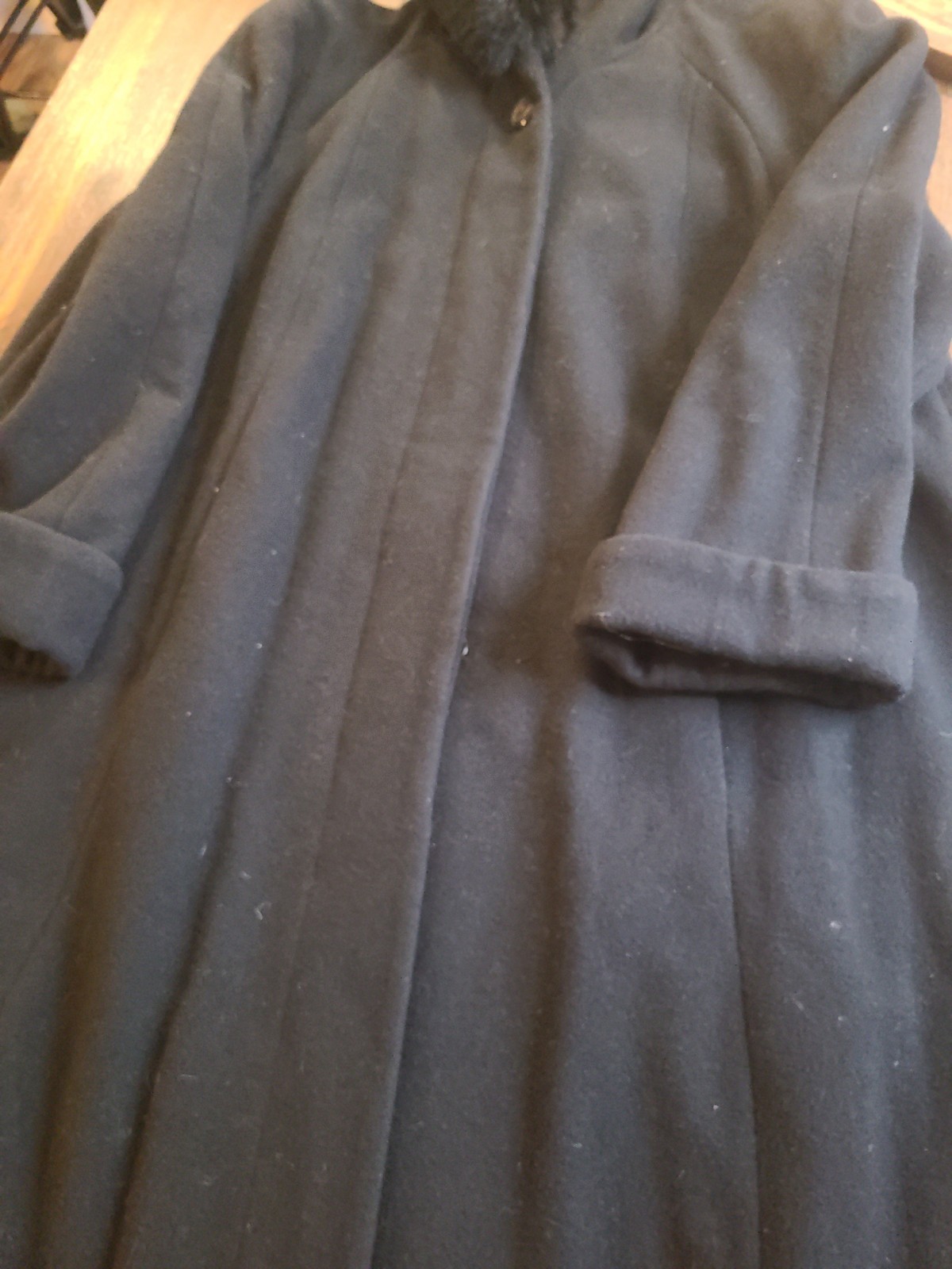 VTG Donnybrook 100% Wool Black Maxi Coat Womens 16 Hood Real Fur Opera Church