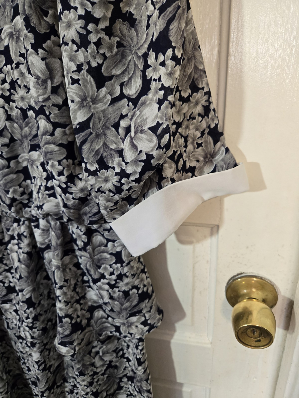 Vtg 90s Liz Robert’s Dress 18WP White Black Floral Boat Collar 3/4 Cuff Sleeves