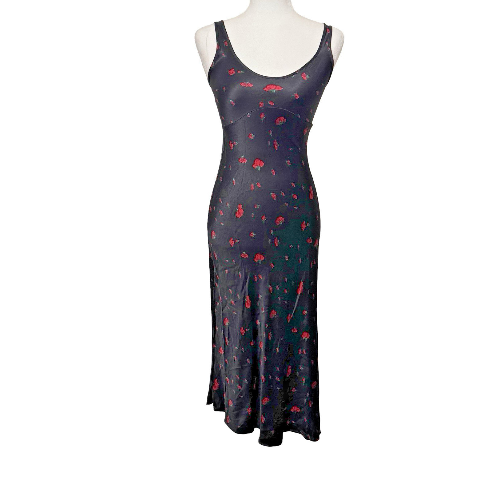 Vintage Betsey Johnson Black Rose satin Slip Dress size 8 button back maxi 90s