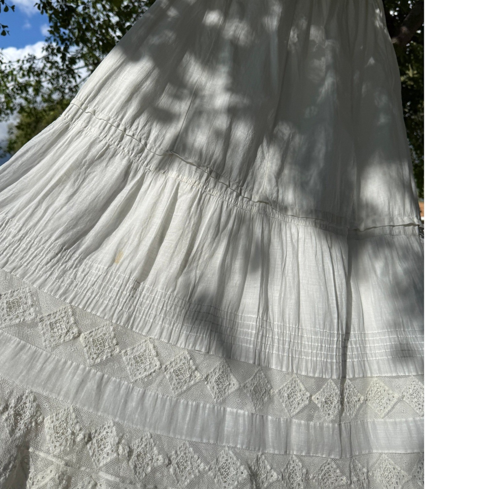 Antique Edwardian White Cotton Voile Petticoat Reticella Needle Lace 1880-1910