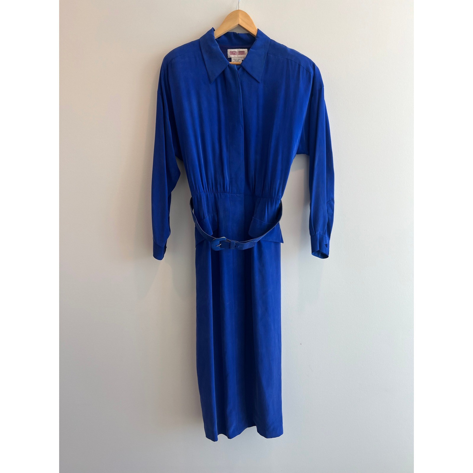 Vintage Maggy London 100% Silk Midi Dress Women 14 Royal Blue Belted Long Sleeve