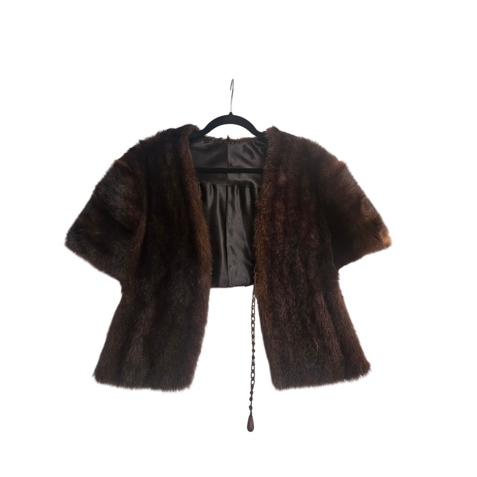 Vintage Real Mink Fur Stole Capelet Dark Brown Cropped Wrap Bolero Jacket