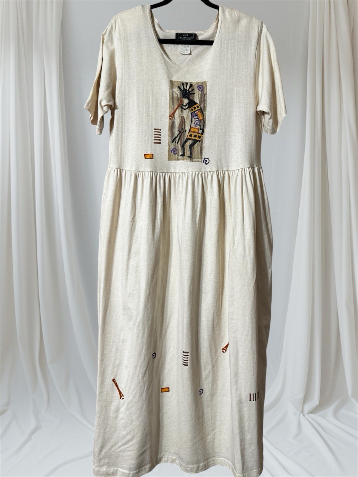 VTG LA ARTWEAR HANDPAINTED MAXI DRESS Kokopelli Women’s Size M/L Art To Wear EUC