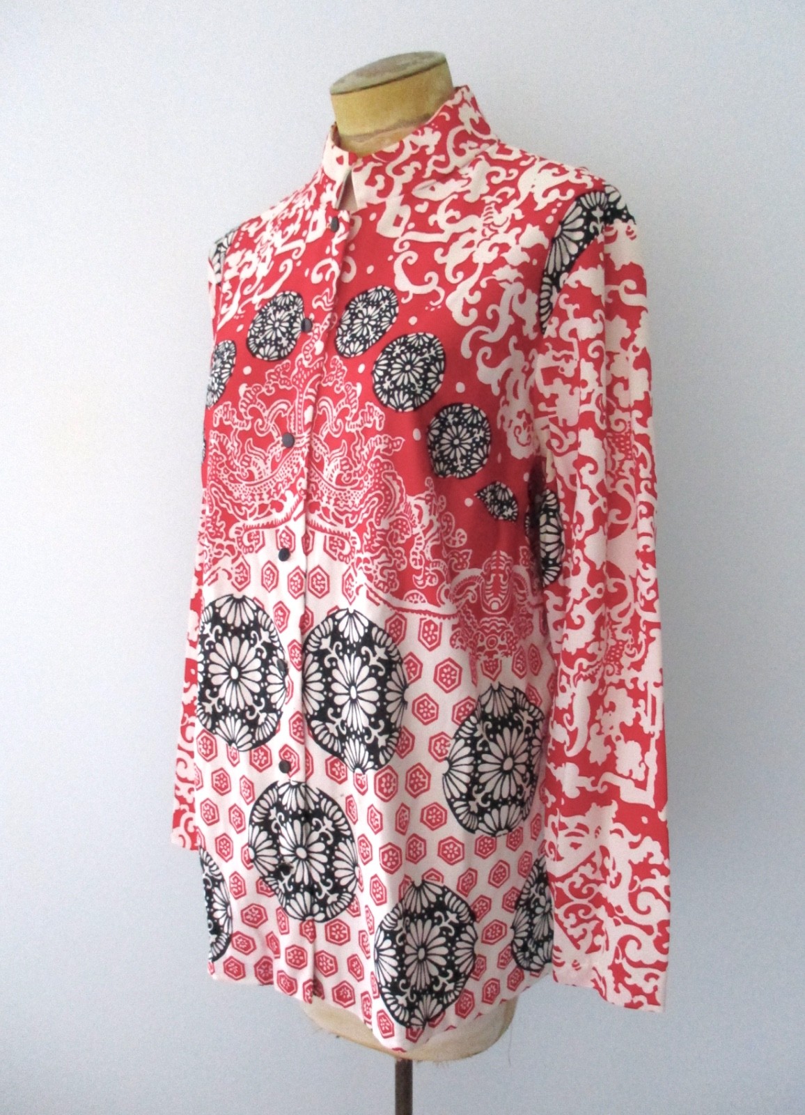 Vtg 60s 70s Sears Red Black White Geometric Asian Tunic Top Button Blouse XL