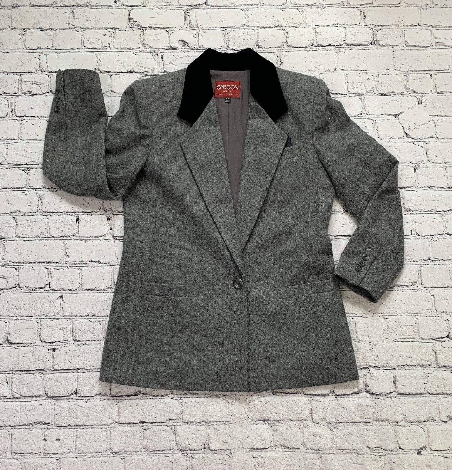 VTG Sasson Women’s Size 8/9 Wool Blend Gray Blazer One Button & Single Breasted