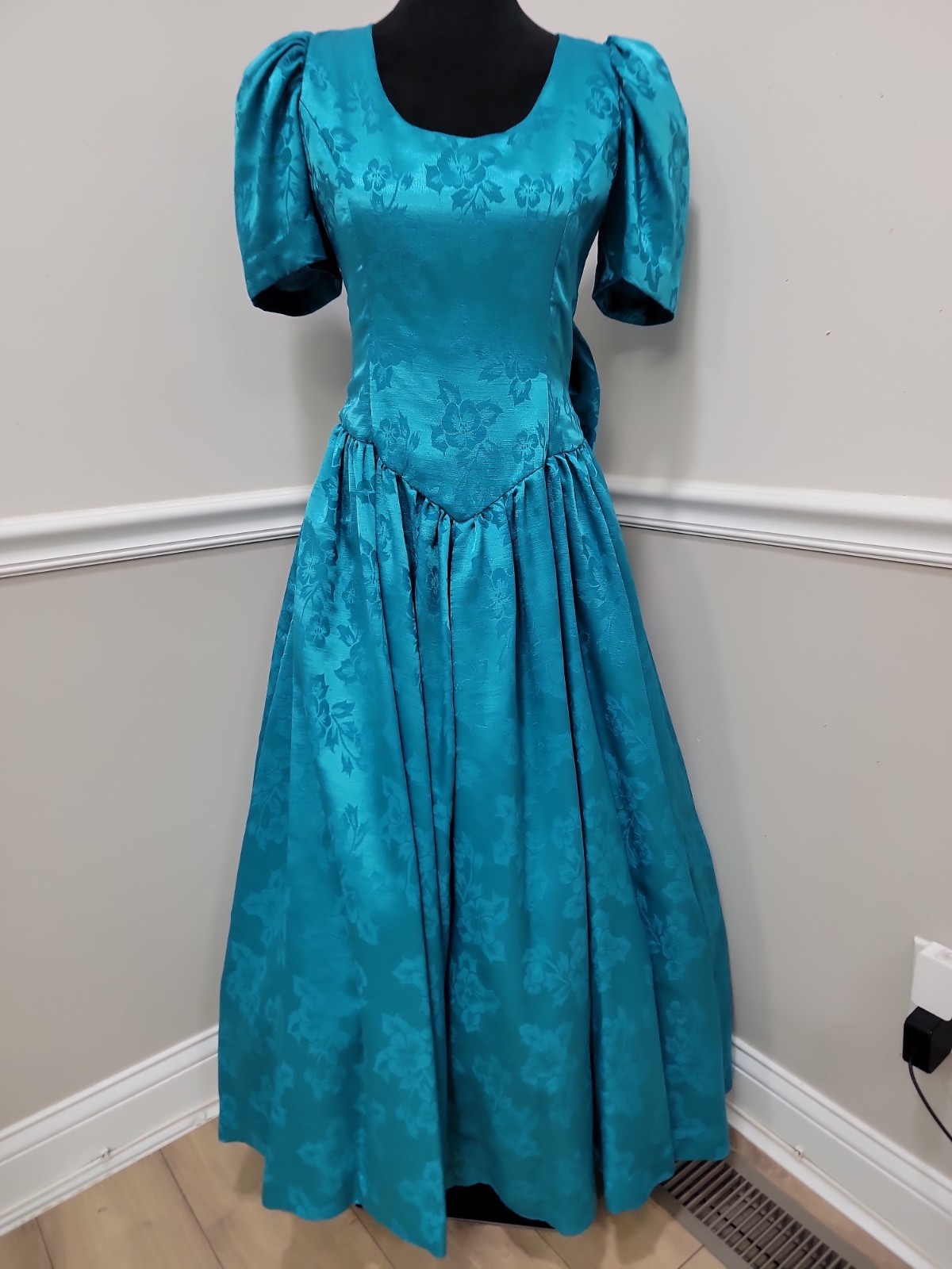 VTG 80s Emerald Satin Ball Gown Puff Sleeve Prom Formal Evening Dress Bow #1