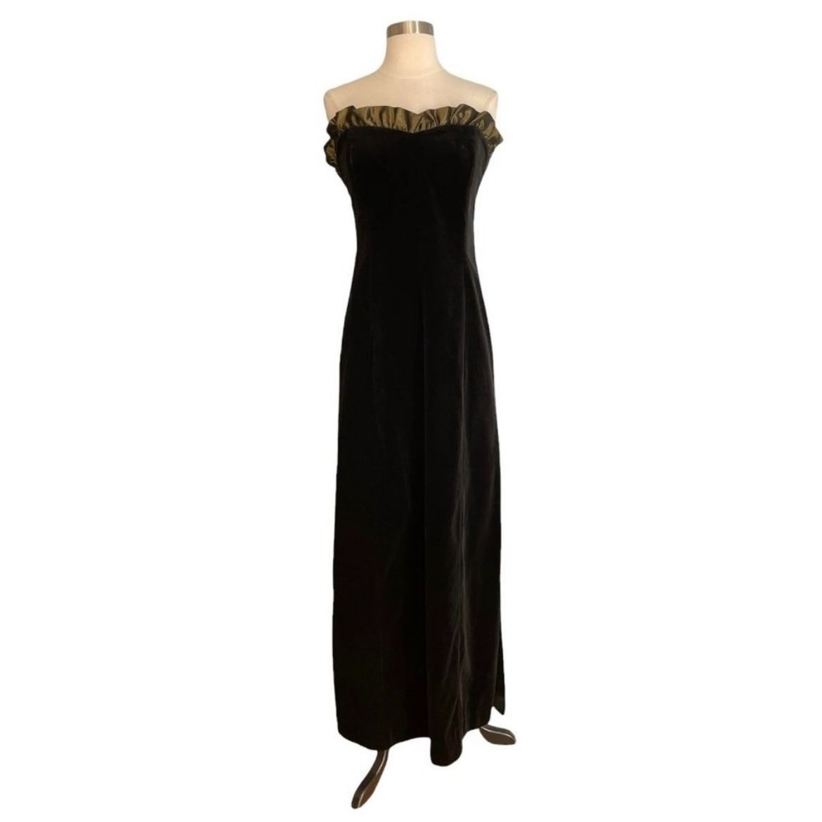 Vintage 90s Laura Ashley Black Velvet Gown Dress w/Olive Green Ruffle Trim S