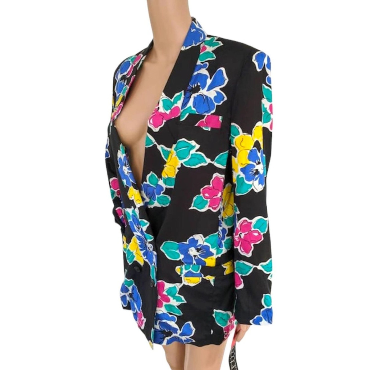 80s Black Floral Jacket Top Bright Print 8 New