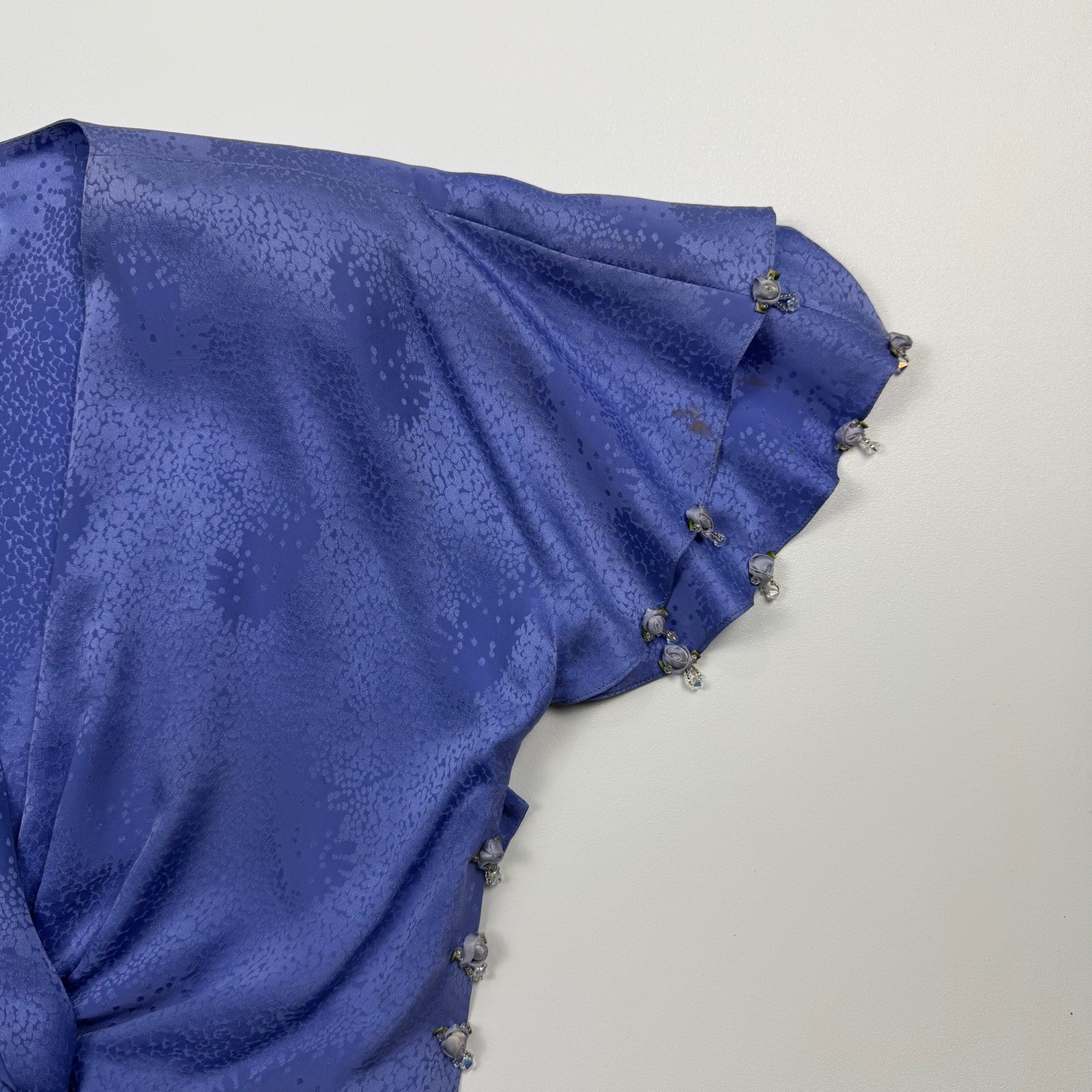 Carol Peretz Blue Silk Floral Rose Bead Skirt 2 Pc Rouche Blouse Dress Sz 8 VTG