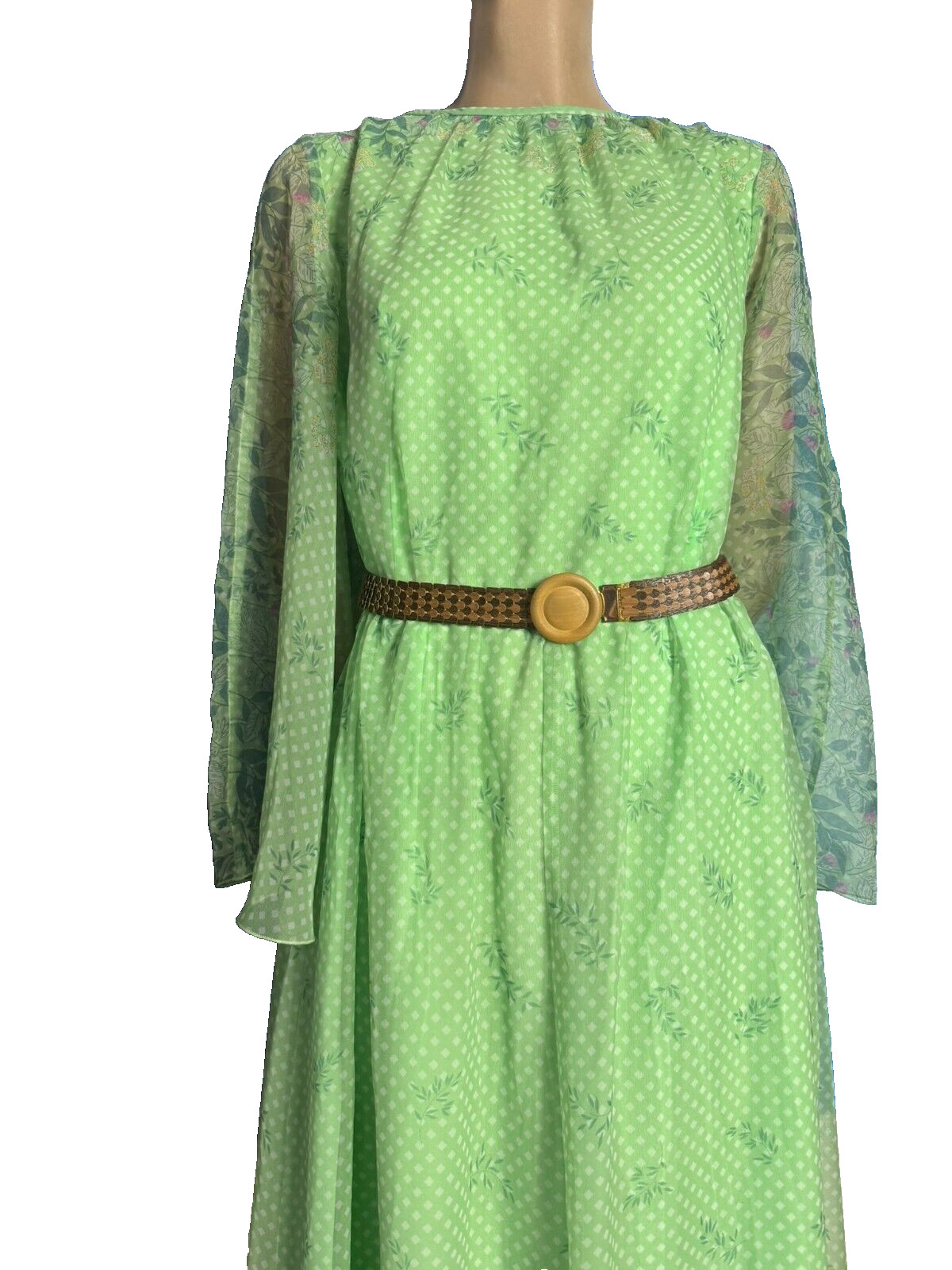 Maxi dress trumpet sleeve hippie dress mint dots ABBA 70s vintage 40 42