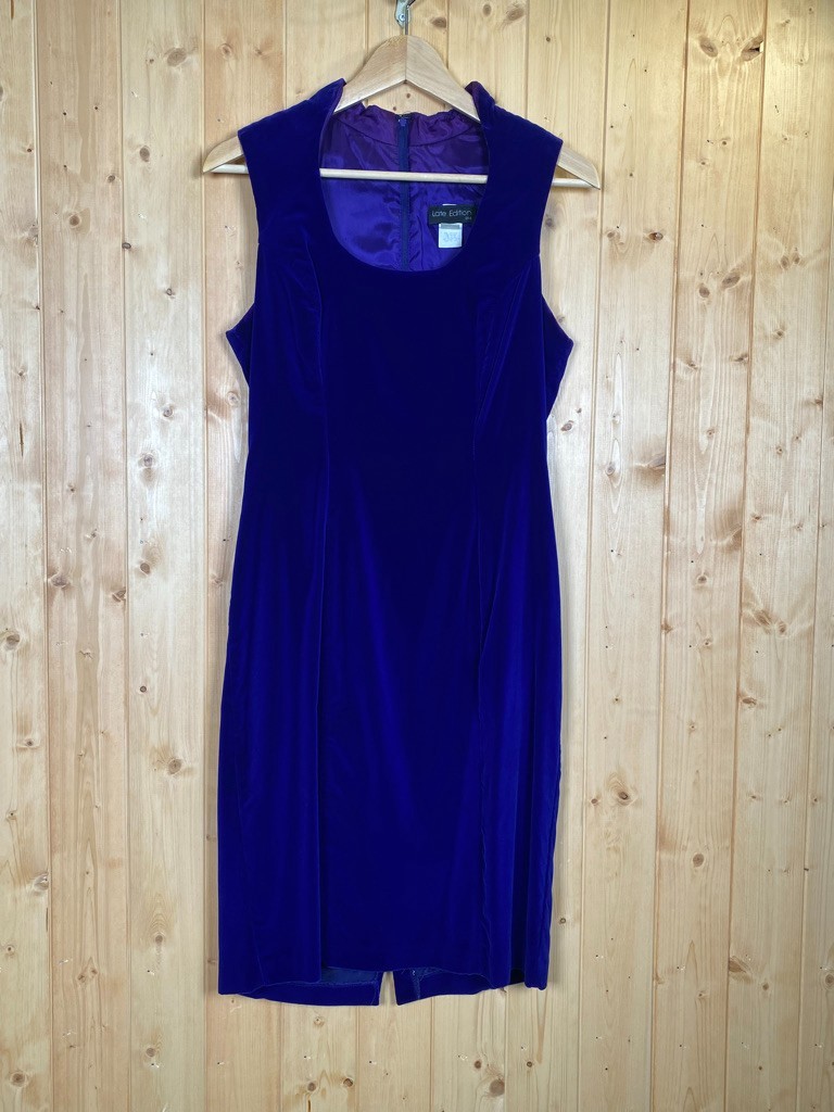 VTG 80s Late Edition Sapphire Blue Velvet Sheath Dress Vamp Collar Size 8