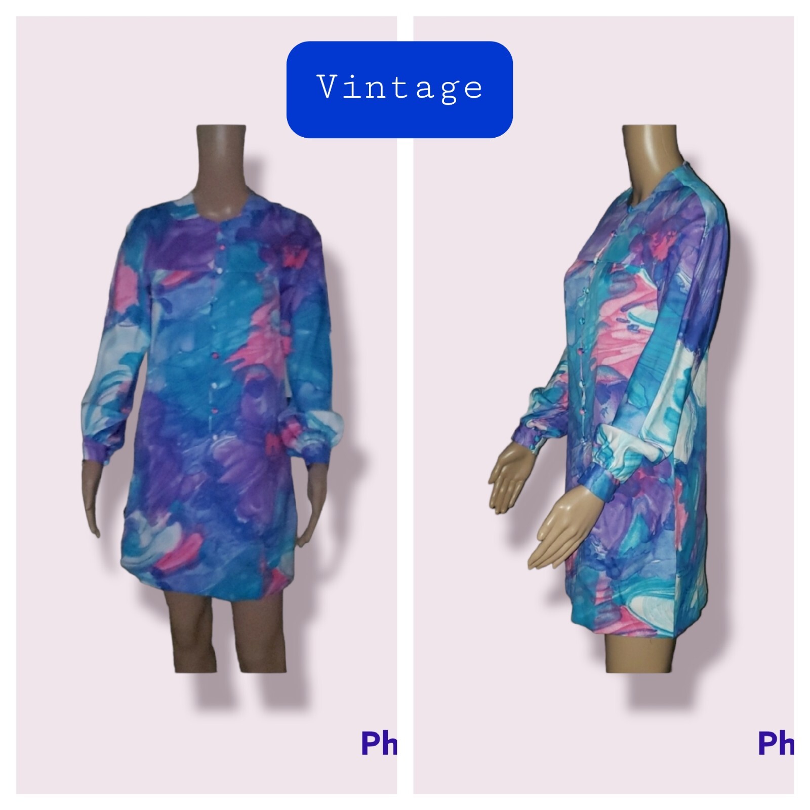 Vintage Kiyomi Hawaii 6 watercolor swirls long sleeve mod shift dress