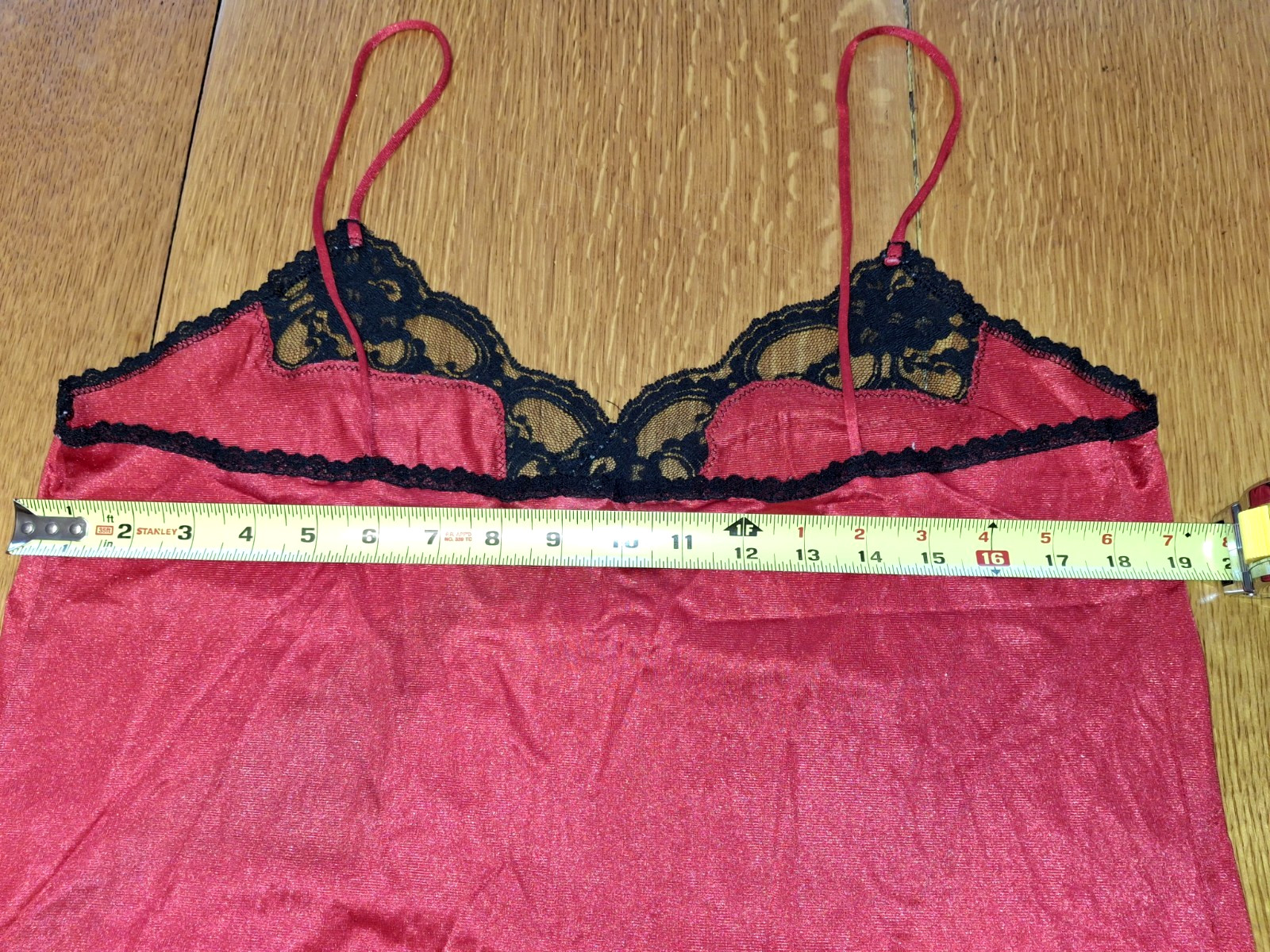 Vintage Red Nylon Black Lace Cami Lingerie Slip Top Spaghetti Straps Slit Side