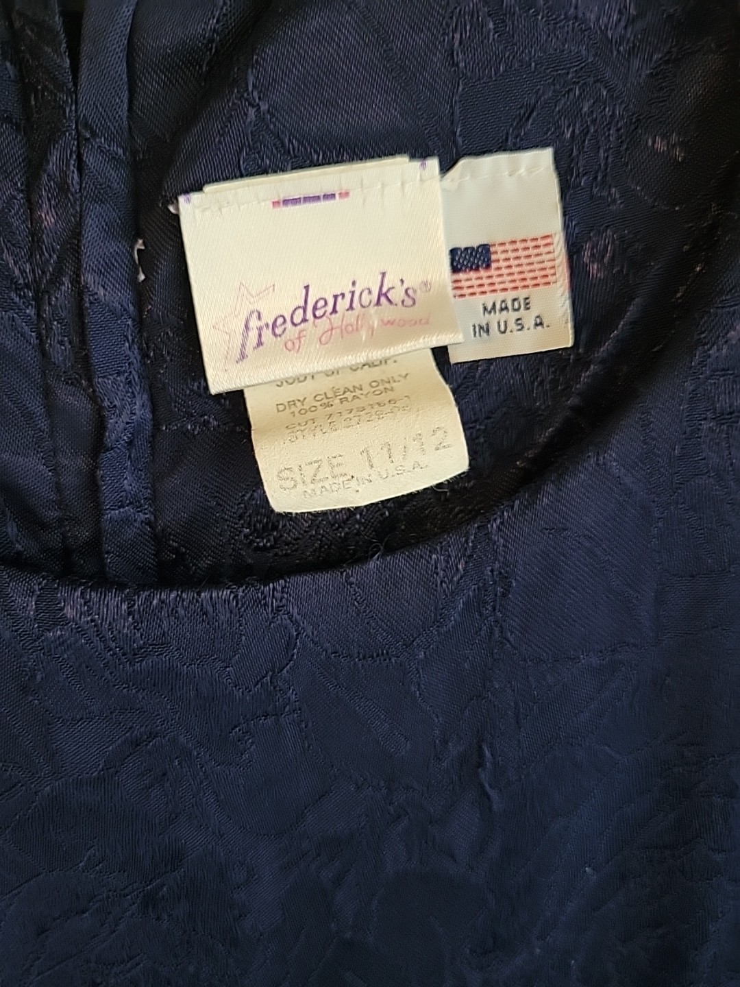 Vtg Frederick Of Hollywood By Jody Cold Rayon Rose Dress 11/12 USA Made Navy Blu