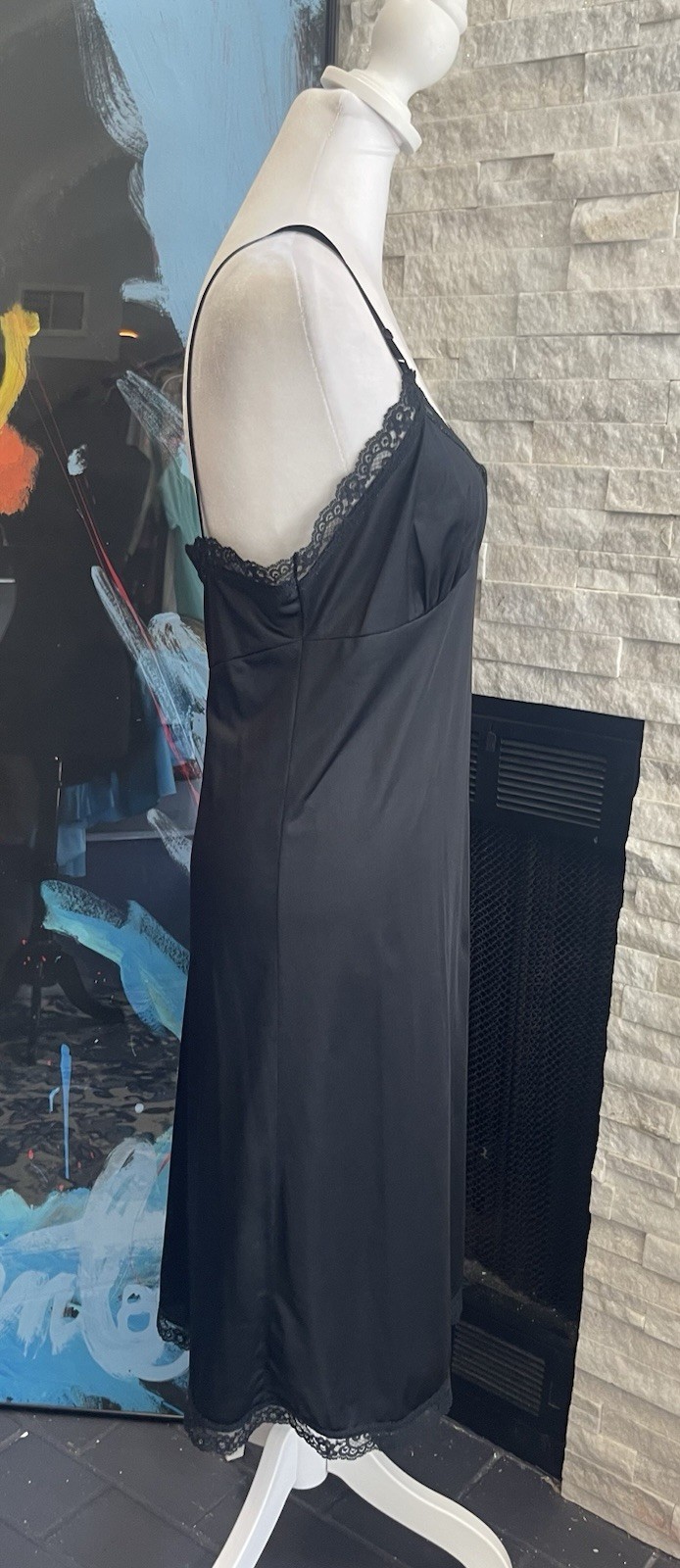 VINTAGE JET BLACK WITH BLACK LACE FIRST LOVE WOMEN’S FULL NYLON SLIP IN SIZE 36