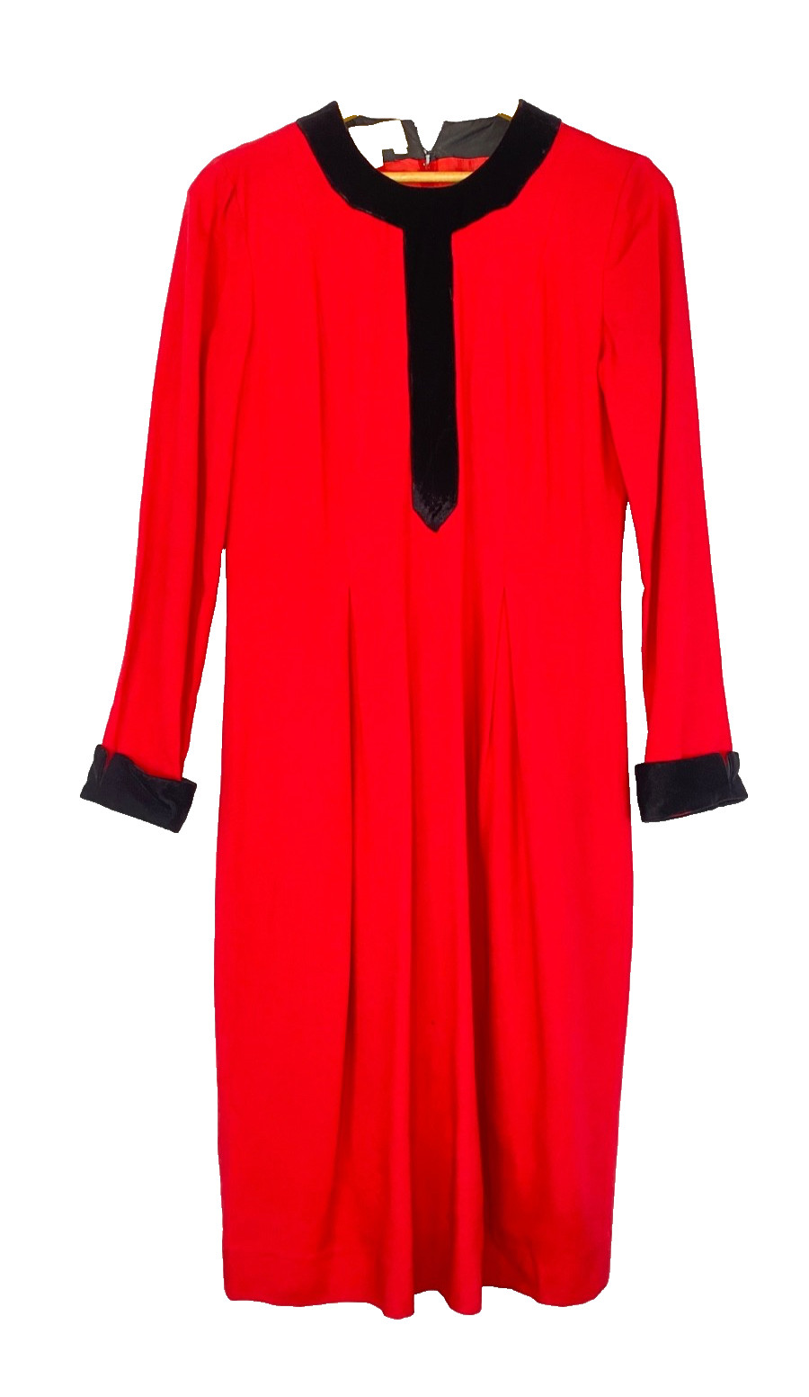 Vintage 1980s red midi dress M black velvet rayon wool long sleeve shift