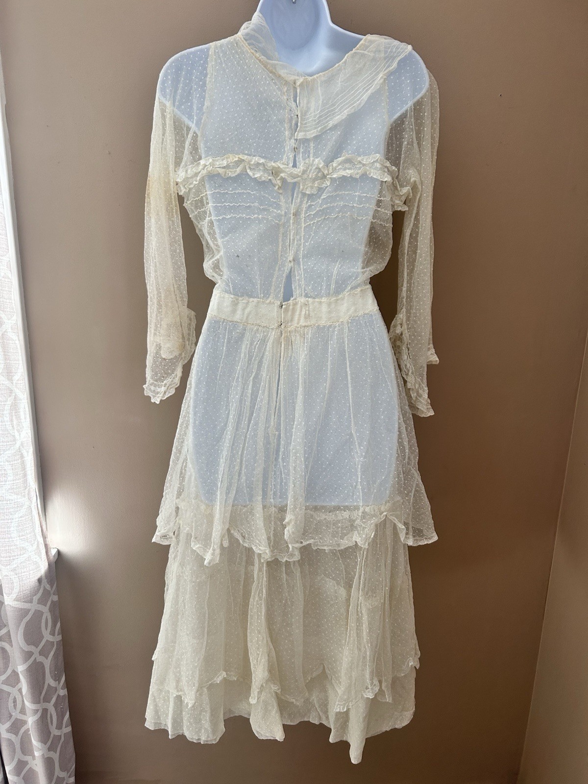 Antique Edwardian Dress 1920 Ivory Mesh Lace 32 XS S Vintage Wedding Gown