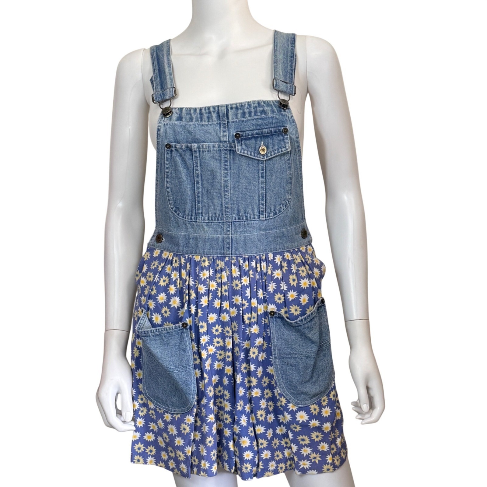 VINTAGE 90s Arizona Denim Floral Pinafore Dress / Daisy Print Mixed Media Jumper